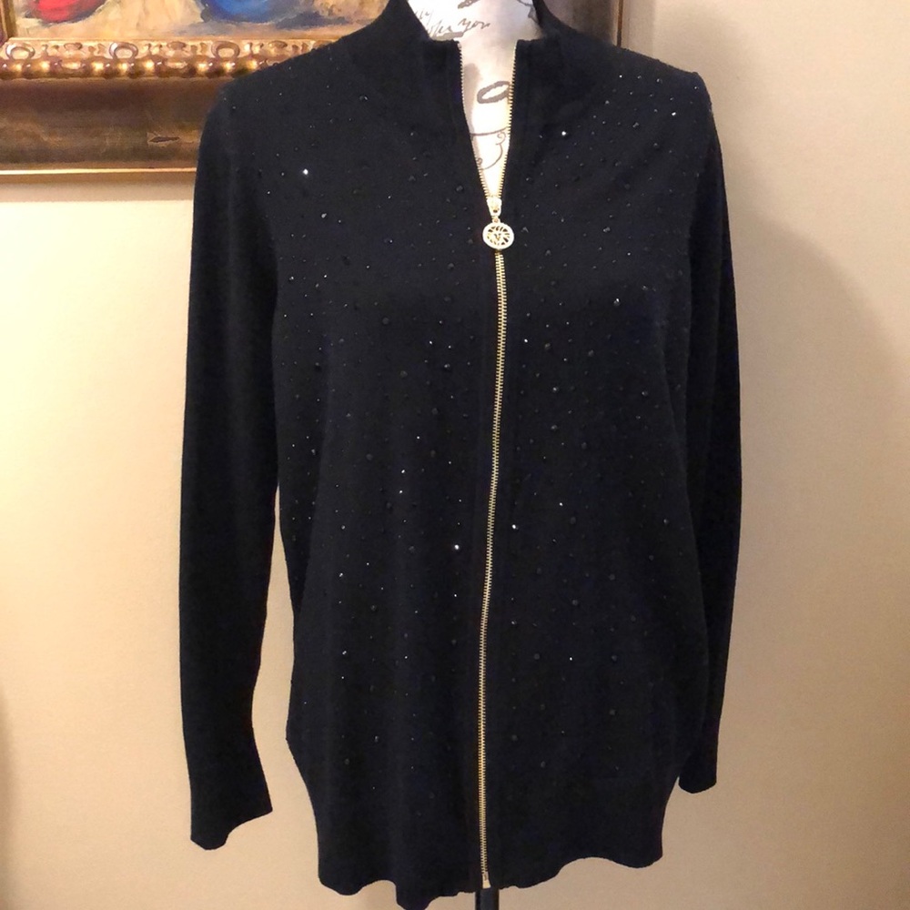 🦁Anne Taylor Crystal embellished gold zipper crystal logo, long sleeve cardigan